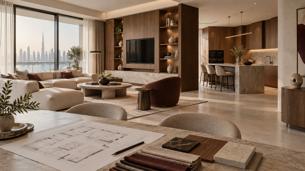 Contemporary Dubai apartment interior with bespoke joinery, floor plans and material samples.