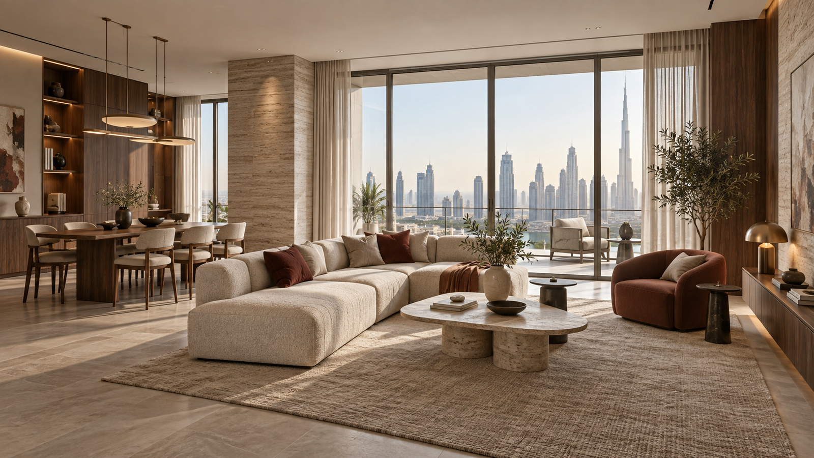 Contemporary Dubai apartment with thoughtful space planning, layered lighting and warm natural materials.