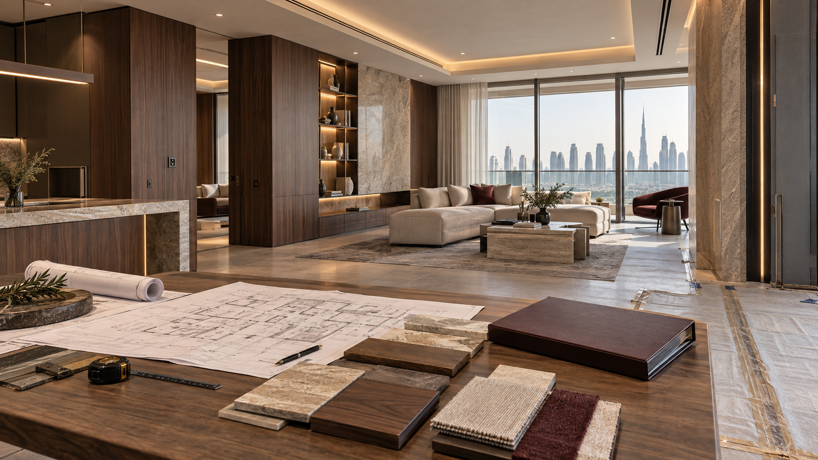 Turnkey apartment fit-out with architectural plans and material samples in Dubai