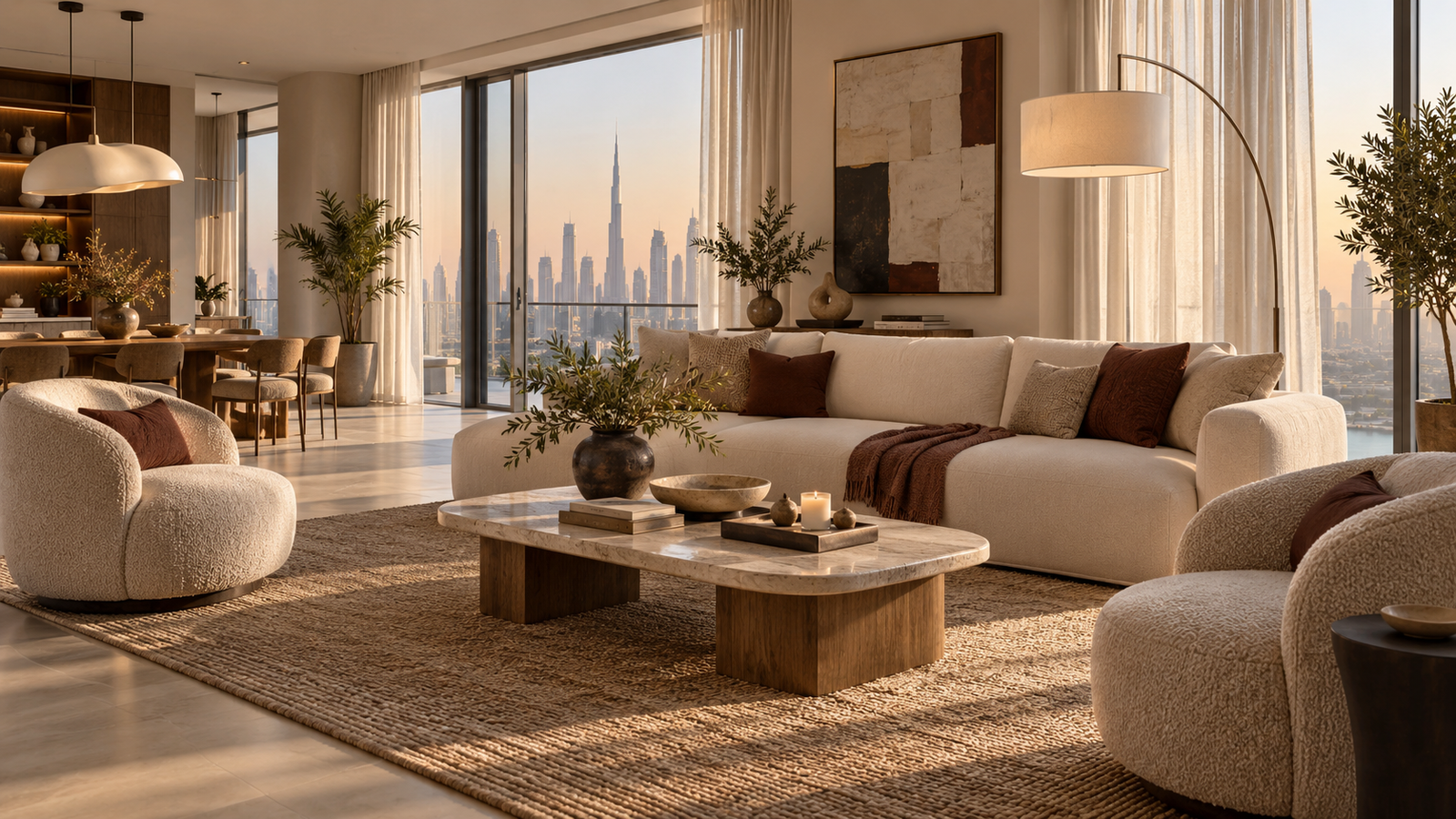 Curated furniture and interior styling in a contemporary Dubai apartment