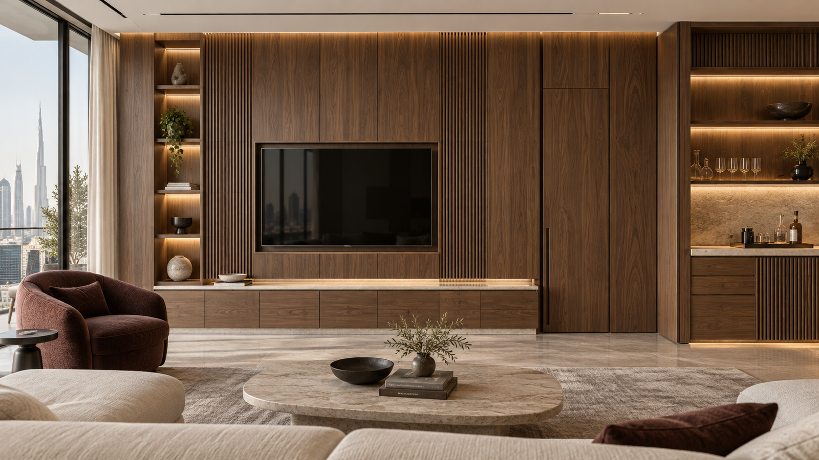 Bespoke walnut media wall and integrated storage in a Dubai apartment