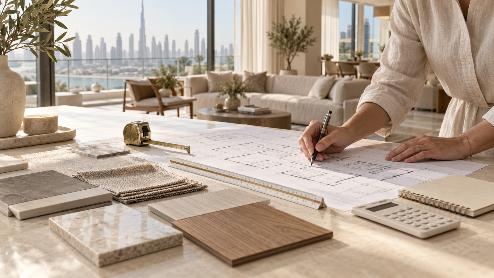 Interior designer reviewing a Dubai apartment floor plan with renovation material samples